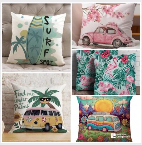 A collection of decorative cushions featuring surf, vintage cars, and tropical themes.